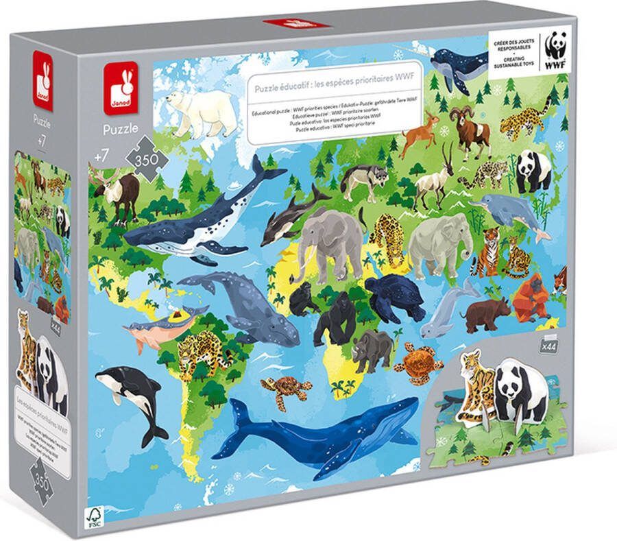 Janod WWF Educatieve Puzzel Bedreigde Diersoorten Prachtige 350-Delige Kartonnen Reuzenpuzzel Met Een Aantal Prioritaire Diersoorten Van Het WWF ! Inclusief Educatief Boekje Geschikt Vanaf 7 Jaar