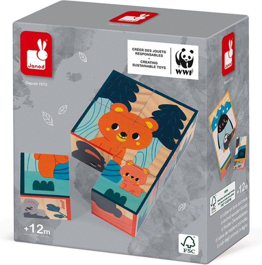 Janod WWF Houten Blokpuzzel Set Van 6 Kubussen Gemaakt Van Hout Met 6 Illustraties Van Dieren Geschikt Vanaf 1 Jaar
