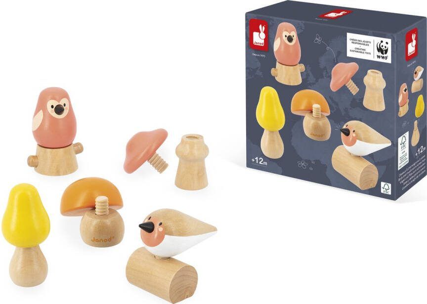 Janod WWF Leer Schroeven Met Vogels En Paddenstoelen 3 Mooie Houten Paddenstoelen 1 Uil En 1 Roodborstje Om In Elkaar Te Zetten Geschikt Vanaf 18 Maanden