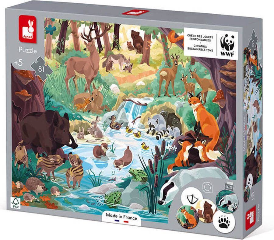 Janod WWF Zoekpuzzel Met Voetafdrukken Bestaat Uit 81 Stukjes En 15 Kartonnen Lopers Met Aan De Ene Kant De Afbeelding Van Het Dier En Aan De Andere Kant Zijn Voetafdruk Geschikt Vanaf 5 Jaar