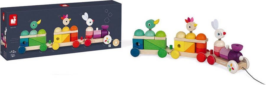 Janod Zigolos Grote Meerkleurige Trein 2-In-1 Speelfiguur: Trekfiguur En Stapelspeelgoed Lengte Van Het Touwtje: 50 Cm Geschikt Vanaf 1 Jaar