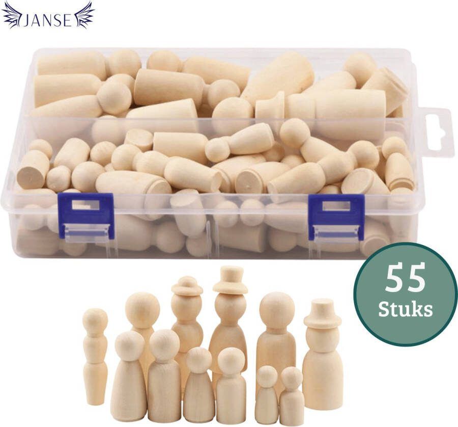 Janse Houten poppetjes met 3 hoedjes 55 stuks set Peg dolls Familie poppetjes met opa en oma Poppenhuis poppetjes Houten pionnen Kegelpoppetjes Creatief Houten mensen