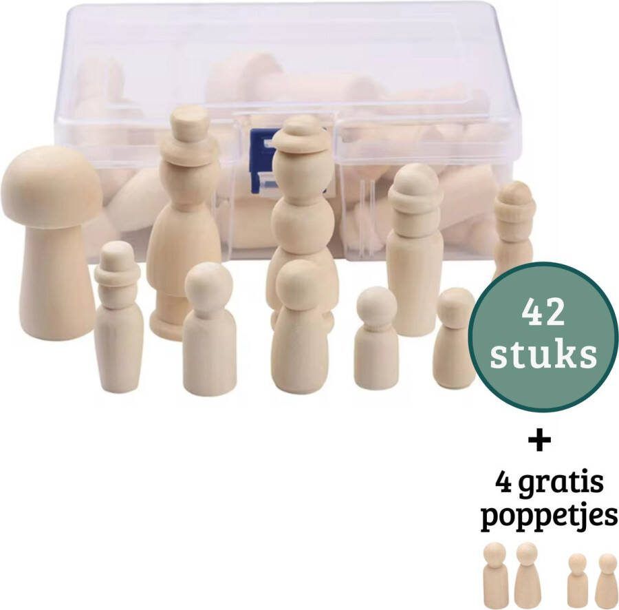 Janse Houten poppetjes met hoedjes en paddenstoel 42 stuks set Peg dolls Familie poppetjes met opa en oma Poppenhuis poppetjes Houten pionnen Kegelpoppetjes Creatief Houten mensen
