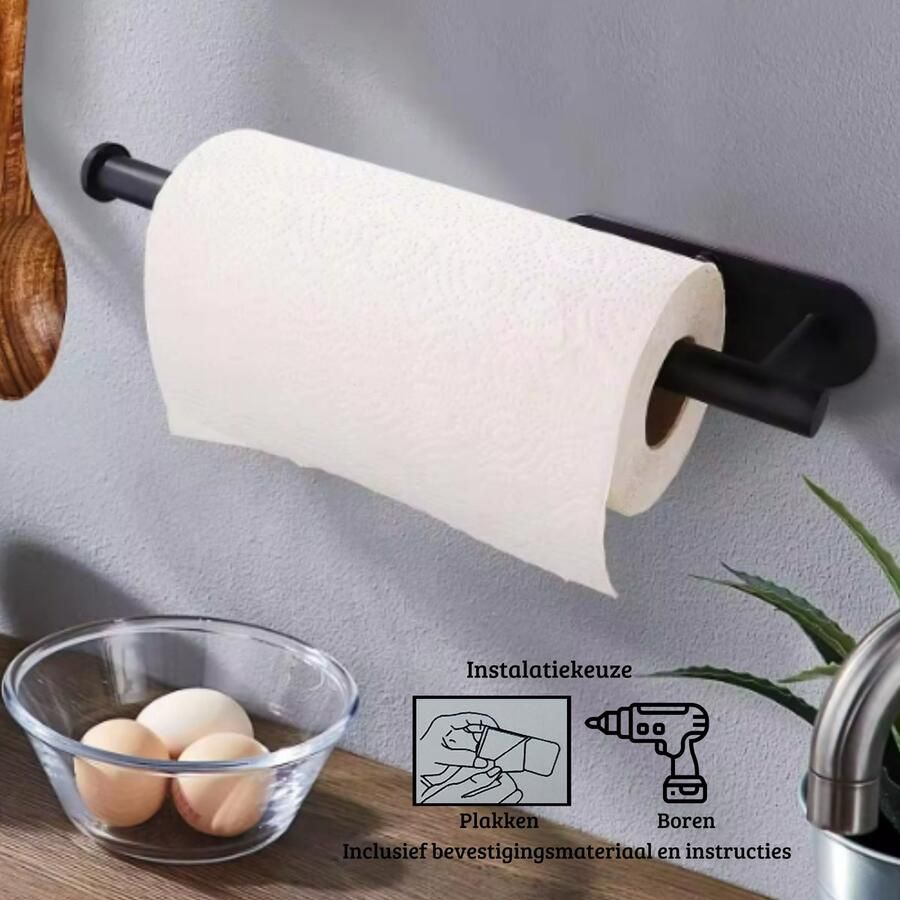 Janse Metalen keukenrolhouder Standaard voor keukenrol Zelfklevend of boren Keukenrolhouder zwart met schroeven en of plakstrip Keuken Keukenaccessoires