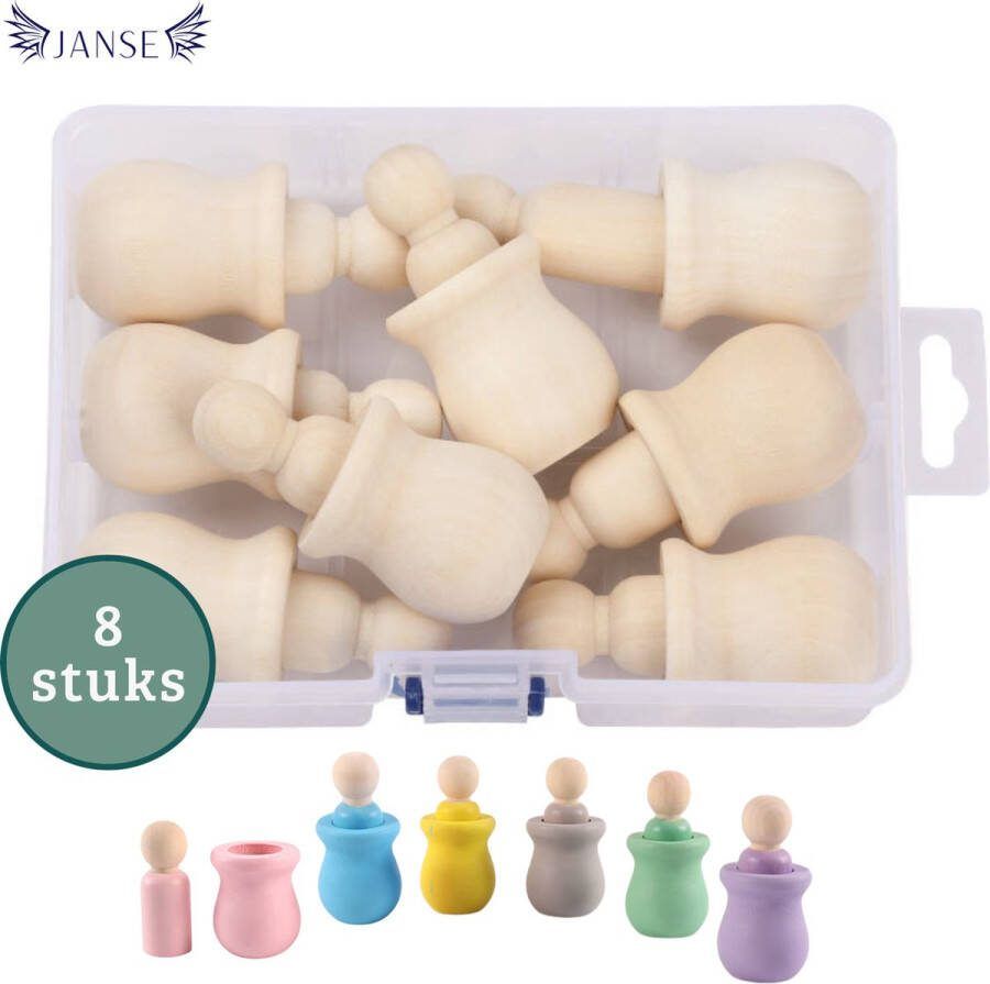 Janse Peg dolls in cup 8 stuks set Poppenhuis poppetjes Houten poppetjes Houten pionnen Kegelpoppetjes Creatief Houten mensen