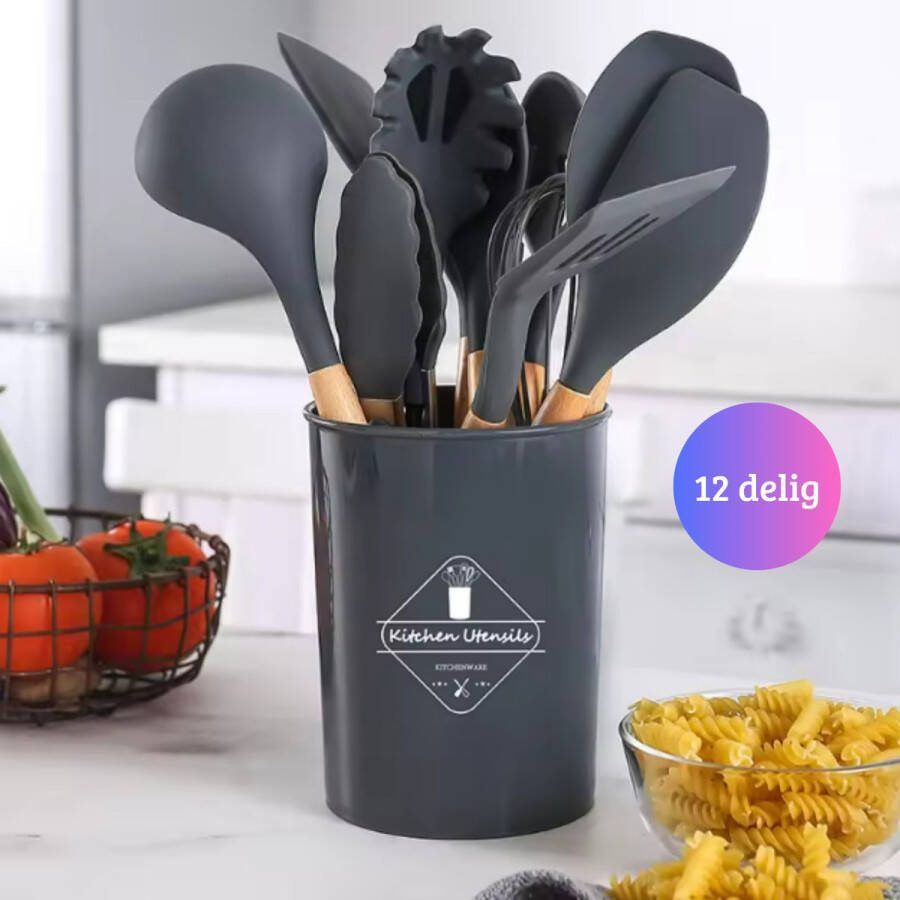 Janse Siliconen keukengerei set 12 delig Kookgerei antraciet Spatel Tang Opscheplepel Garde Keukenset met houder Moederdag