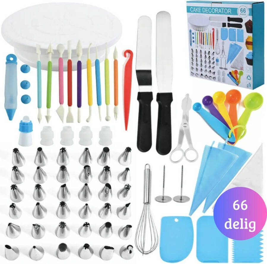 Janse Taart decoratie set 66 delig Cake set Bakken Taart accessoires Bakset Spuitmondjes Spuitzakken Cupcakes Taarten Taartstandaard Taartplateau Decoratie set Cake decoreren Moederdag
