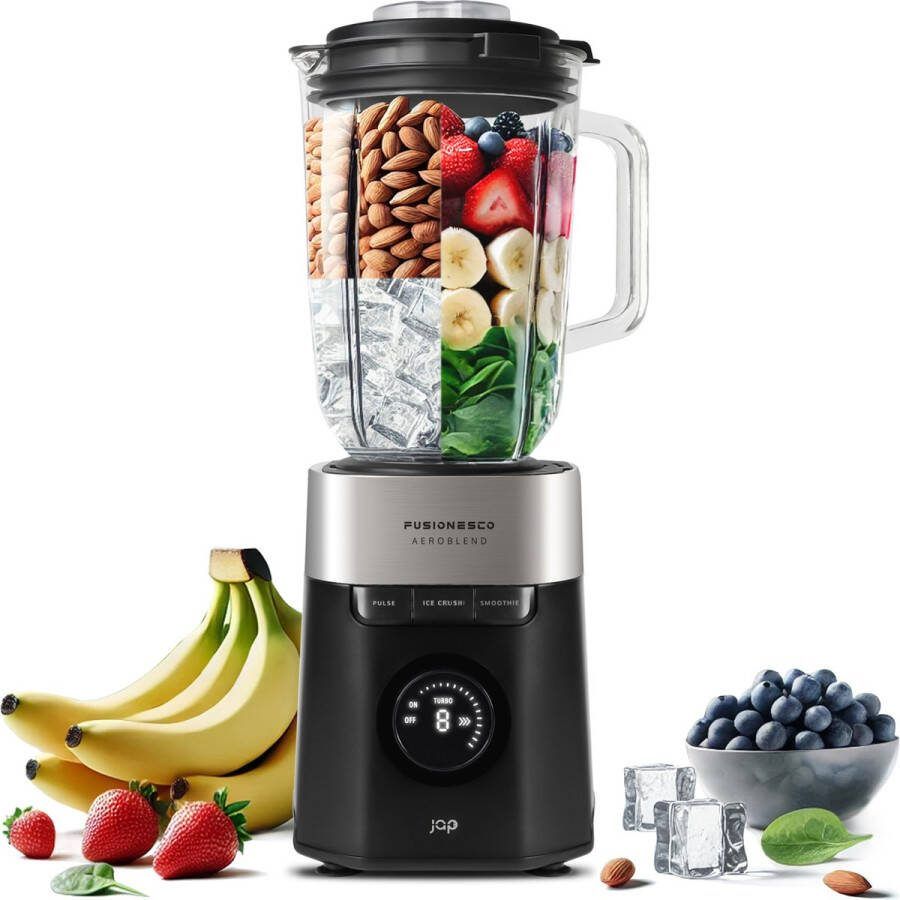 JAP Appliances AeroBlend Krachtige (1000W) blender met 8 snelheden en 3 standen Grote 1 5 liter glazen kan Maatbekerdop 20-40ml Smoothie maker IJscrusher Zwart