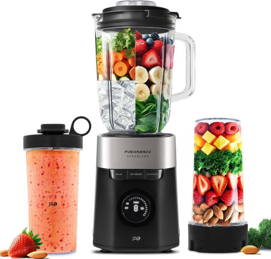 JAP Appliances AeroBlend Krachtige blender met 2 To-go bekers 8 snelheden en 3 standen Grote 1 5 liter glazen kan Maatbeker 20-40ml Smoothie maker IJscrusher Zwart