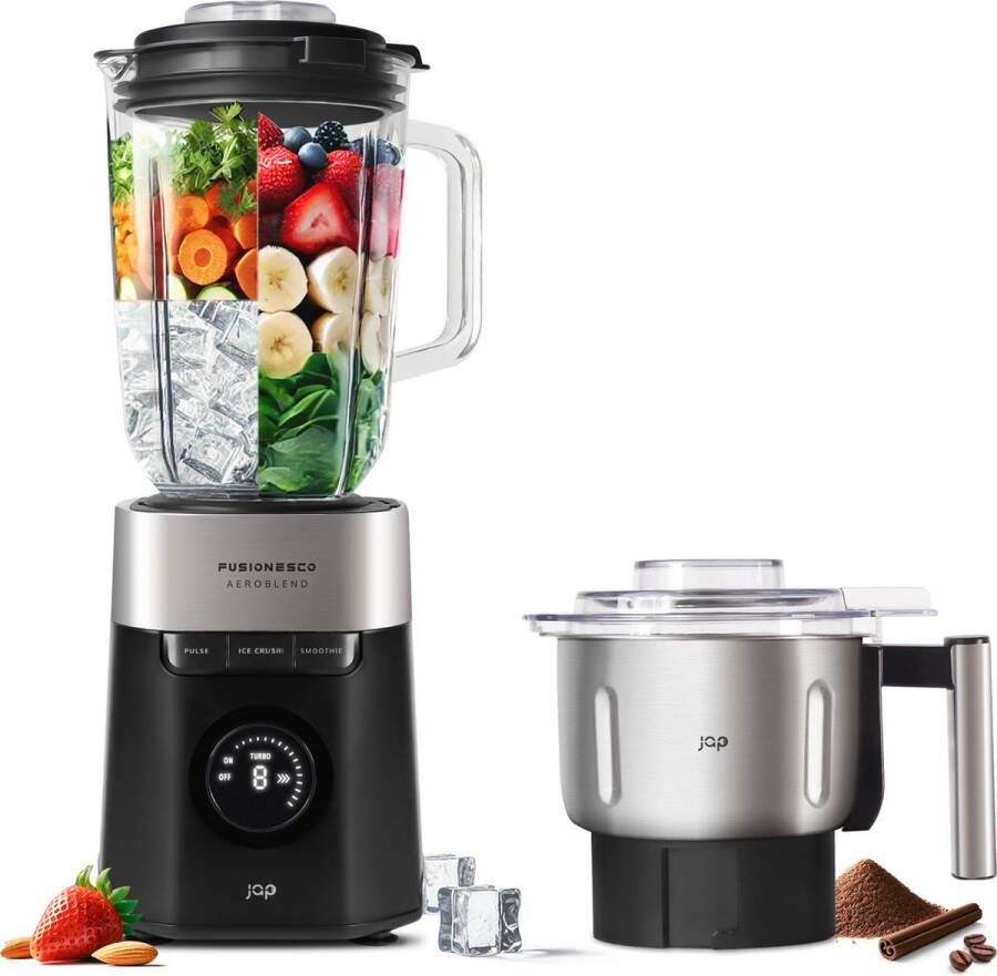 JAP Appliances AeroBlend Krachtige blender met SS Grinder 8 snelheden en 3 standen Grote 1 5 liter glazen kan Maatbeker 20-40ml Smoothie maker IJscrusher Zwart