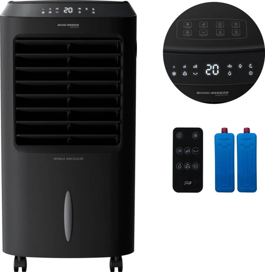 JAP Appliances JAP Edmonton 4in1 Mobiele aircooler met water Afstandsbediening en timer Incl. koelelementen Oscillerende luchtbevochtiger Ventilator staand Mat zwart