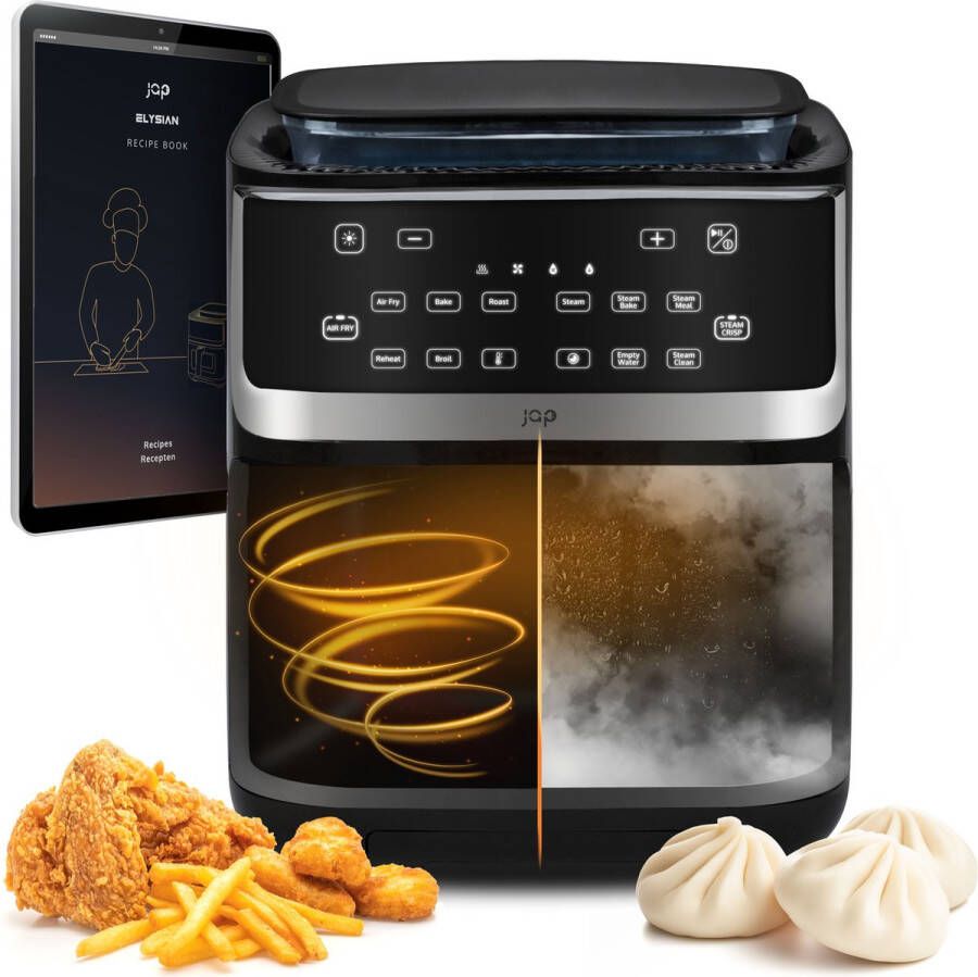 JAP Appliances Elysian XXXL Airfryer & Stoomoven vrijstaand (7 liter) Grote heteluchtfriteuse met stoomfunctie XXL 10 kookprogramma's Opwarmfunctie 1 2 tot 6 personen Kijkvenster met licht Digitaal kookboek