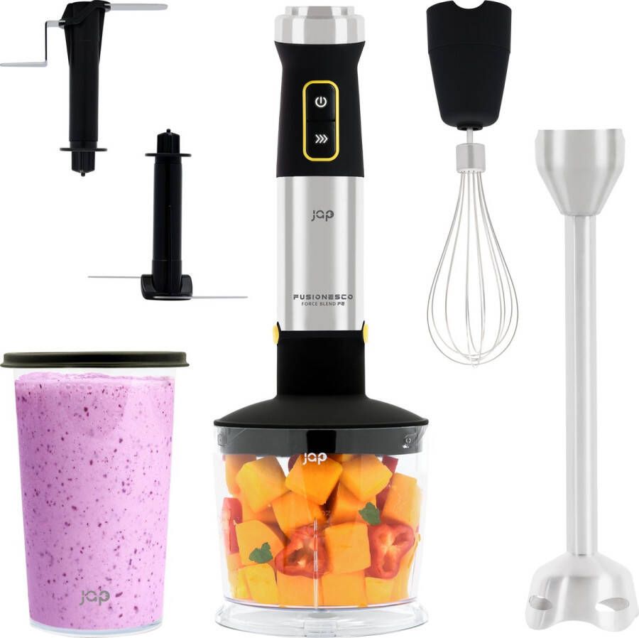 JAP Appliances ForceBlend F2 5in1 Staafmixer set (1500W) Inclusief hakmolen maatbeker ice crusher garde en klopper Voor soep vlees smoothies en baby hapjes Zwart RVS