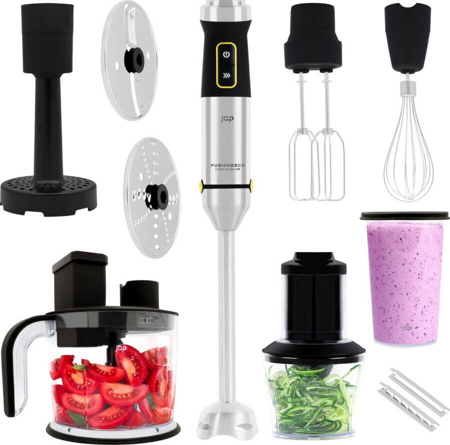 JAP Appliances ForceBlend F3 7in1 Staafmixer set (1500W) Inclusief foodprocessor maatbeker spiraalsnijder garde en klopper Voor soep vlees smoothies en baby hapjes Zwart RVS