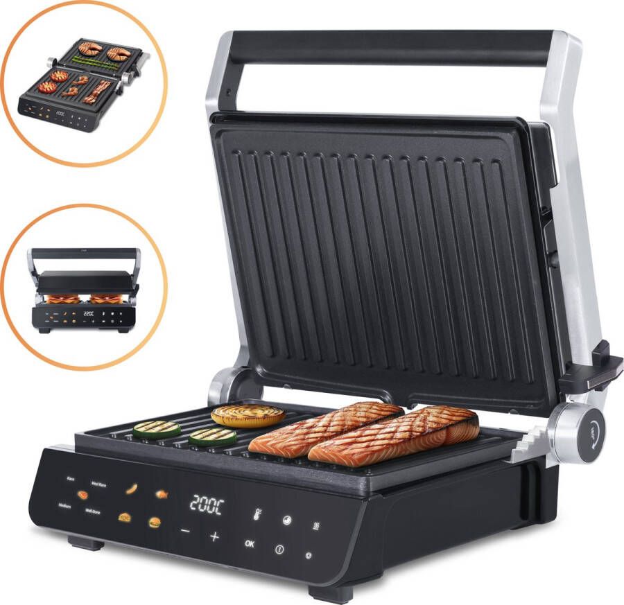 JAP Appliances Integrill Grote contactgrill (2000W) met zwevende bovenplaat 180ºC Uitklapbaar Uitneembare platen Grill apparaat PFAS-vrij Tosti en Panini 5 automatische programma's 120ºC tot 230ºC