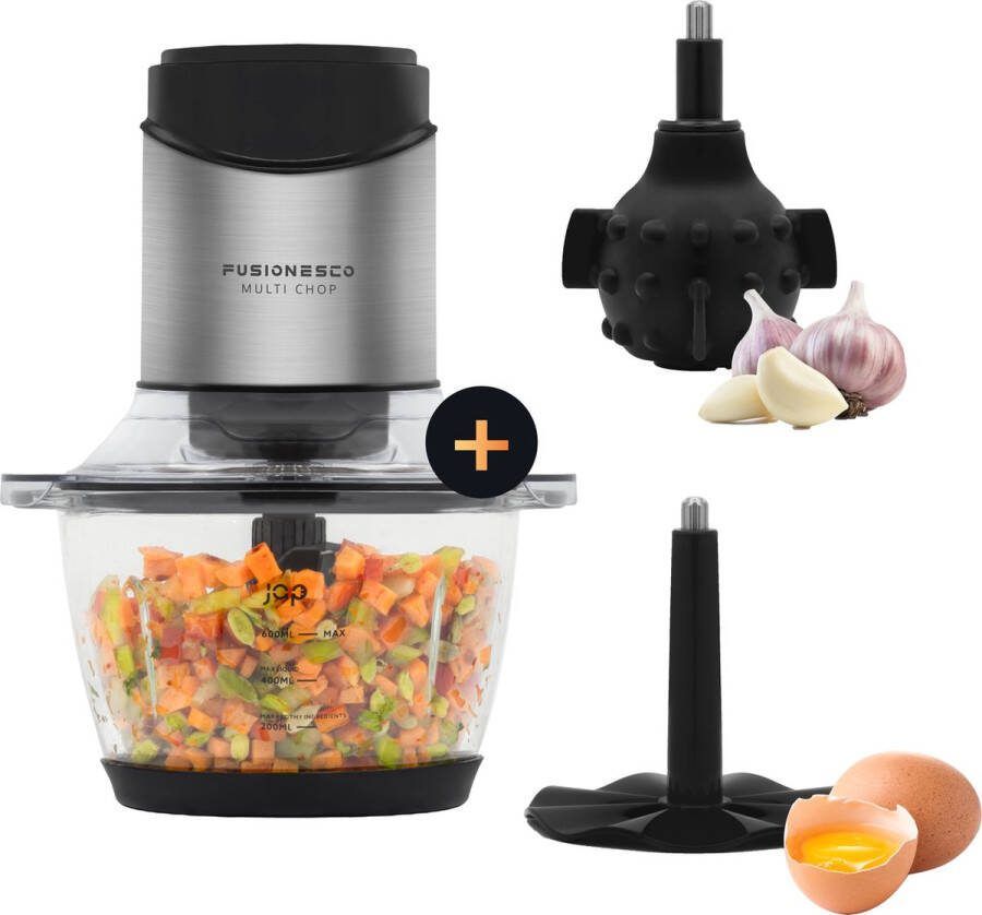 JAP Appliances Multi Chop + Uitbreidingspakket Hakmolen met glazen kom 1.2 liter IJscrusher knoflookpeller en eierklopper Vaatwasserbestendig 400W