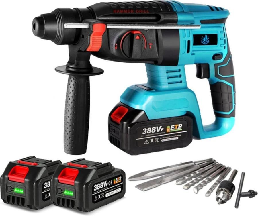 Jaseron Klopboormachine Met 4 Standen Inclusief Twee 18v Accu's & 8 Borenset Geschikt Voor Makita 18v Accu's Trigger Met Variabele Snelheid -Met Handgreep Blauw