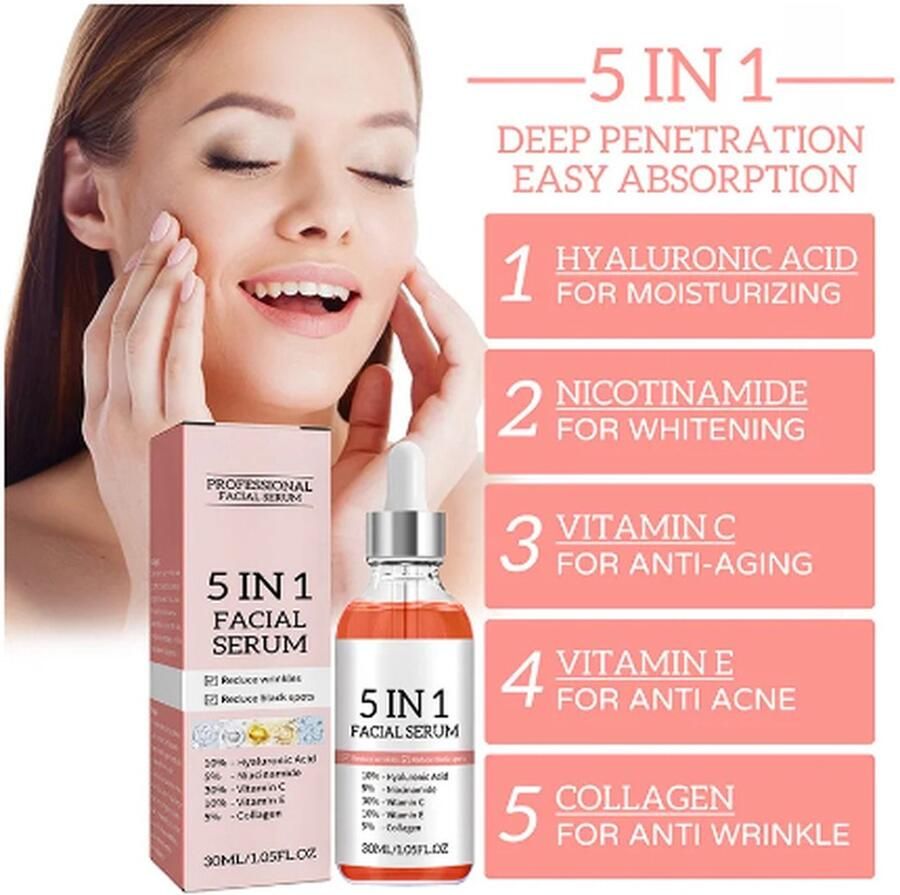 Jaysuing 5 in 1 gezichtsserum met Hyaluronzuur Vitamine C Vitamine E Anti rimpel Anti acne voor vrouwen en mannen huidzverzorging tegen puisten 30 ml