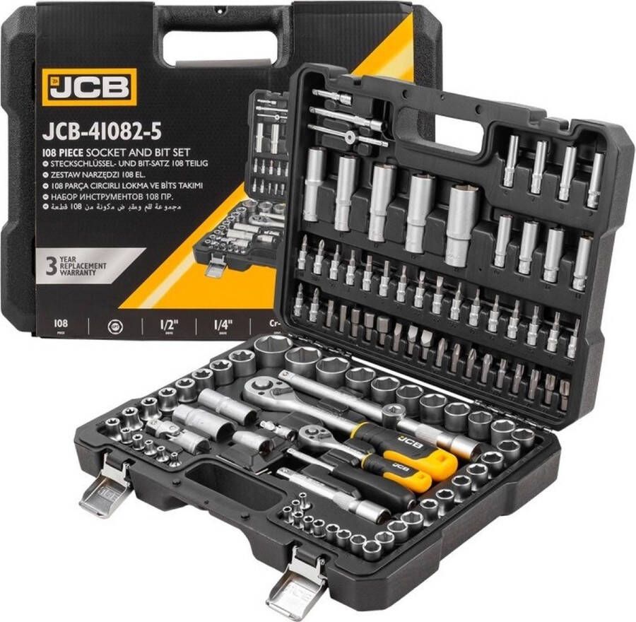JCB Professionele 108-Delige Dopsleutel Set Met Momentsleutel Ratel & Verlengstuk Doppenset Doppendoos Torx Inbus Hex Kruiskop Philips Bit Doppen Set Ratelset Hoogwaardig Chroom-vanadiumstaal Met Snelwisselsysteem 1 4 & 1 2 Inch