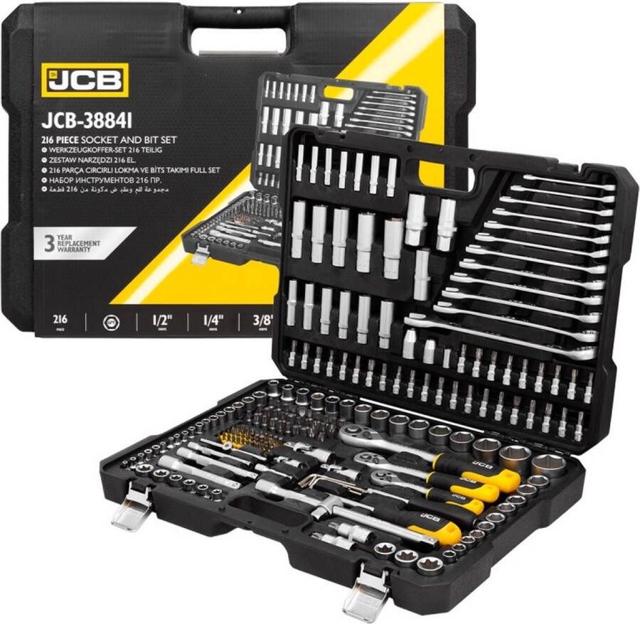 JCB Professionele 216-Delige Dopsleutel Set Met Momentsleutel Ratel & Verlengstuk Doppenset Doppendoos Torx Inbus Hex Kruiskop Philips Bit Doppen Set Ratelset Hoogwaardig Chroom-vanadiumstaal Met Snelwisselsysteem 1 4 & 1 2 Inch