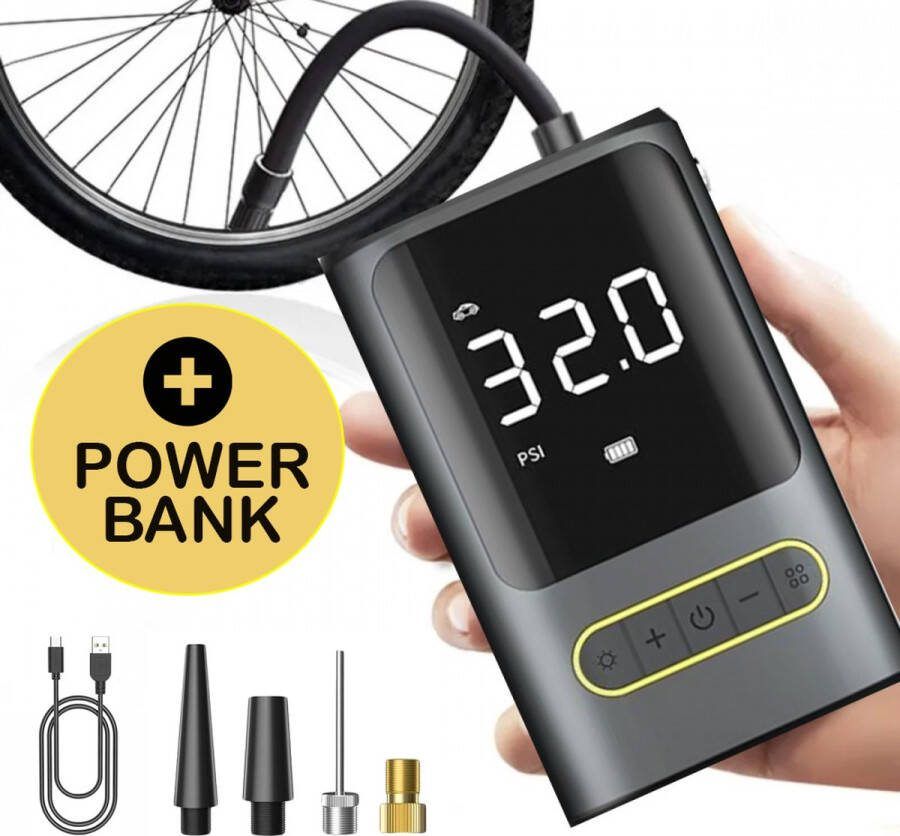 JC's Elektrische Fietspomp – Luchtcompressor – Powerbank – Ballenpomp Scooter Motor Auto Fiets Autobanden Pomp Luchtpomp – Bandenpomp 4000 mAh – Tot wel 10.3 Bar – USB Oplaadbaar – Inclusief 4 Opzetstukken