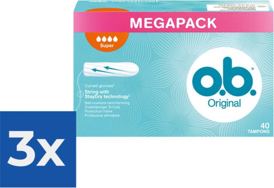 JDLSFHIOHFPOIJ O.B. Tampons Megapack Super Plus Gebogen Groeven 40 stuks Voordeelverpakking 3 stuks