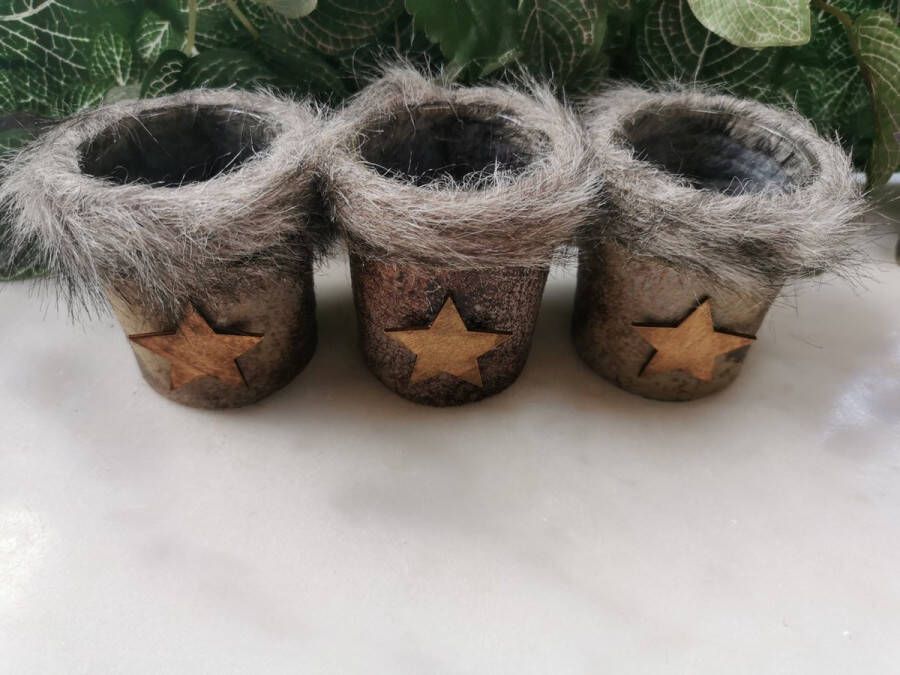 Jean Products Set van 3 Theelichten waxinelichthouders Bruin met ster en faux fur