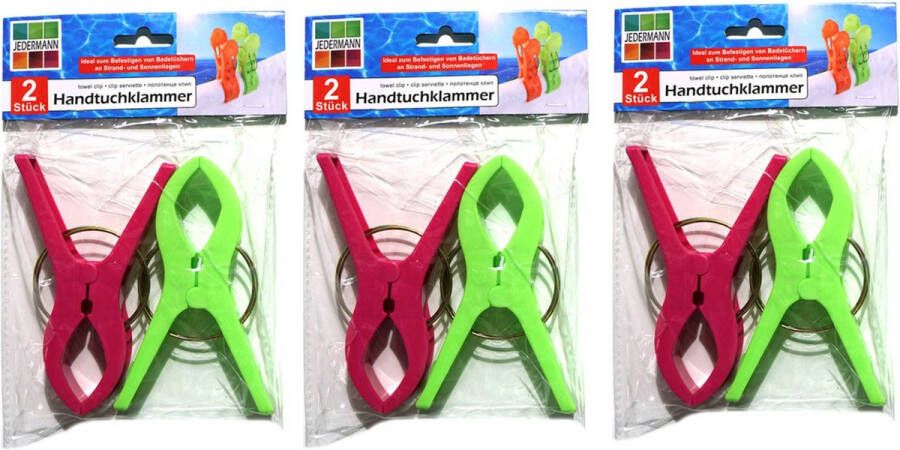 Jedermann Handdoekknijpers XL 6x groen roze kunststof 12 cm Handdoekknijpers