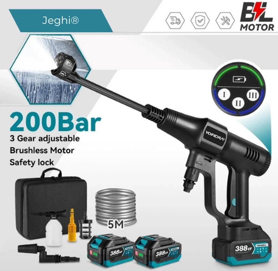 Jeghi Accu Hogedrukreiniger 6 in 1 Hoge drukspuit Cleaner Tuinslang Auto Cleaner 2x Accu 18V max. 200 bar 3 standen incl. 5m waterslang