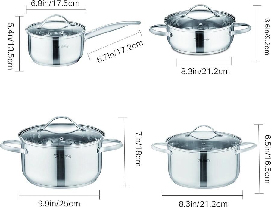 Jemaison Pannenset RVS 4 Pannen Ook geschikt voor inductie Roestvrijstaal Steelpan 3 kookpannen Pannenset Glazen deksels Duurzaam