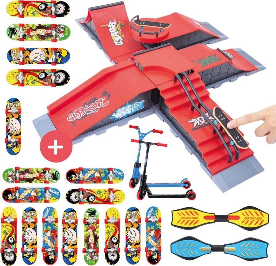 Jespro XL Bundel Fingerboard skatepark + 21 accessoires Set 6 Ramps Incl 17 skateboards Vinger Skateboard Mini