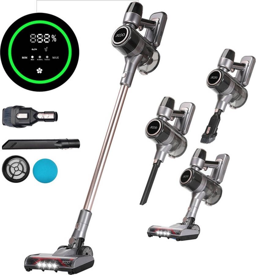 JIGOO C300 Snoerloze Stofzuiger 30KPa Zuigkracht 400W Motor 1.2L Stofbeker 5-traps Filtratie Tot 45 Minuten Werktijd 7x2000mAh Verwisselbare Batterijen LED Touch Screen Goud