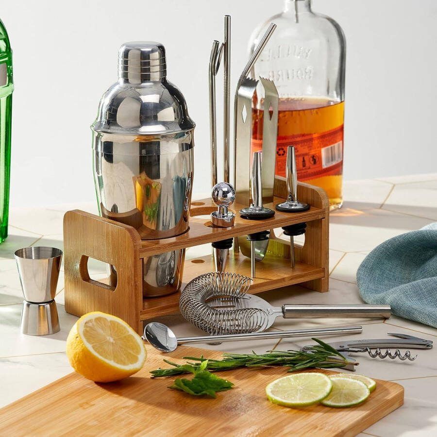 JK24 13-delige Roestvrijstalen Cocktailshaker Cadeauset met Houten Standaard Professionele Barmanset voor Cocktails en Shots met Receptenboek Kerstcadeau bar set