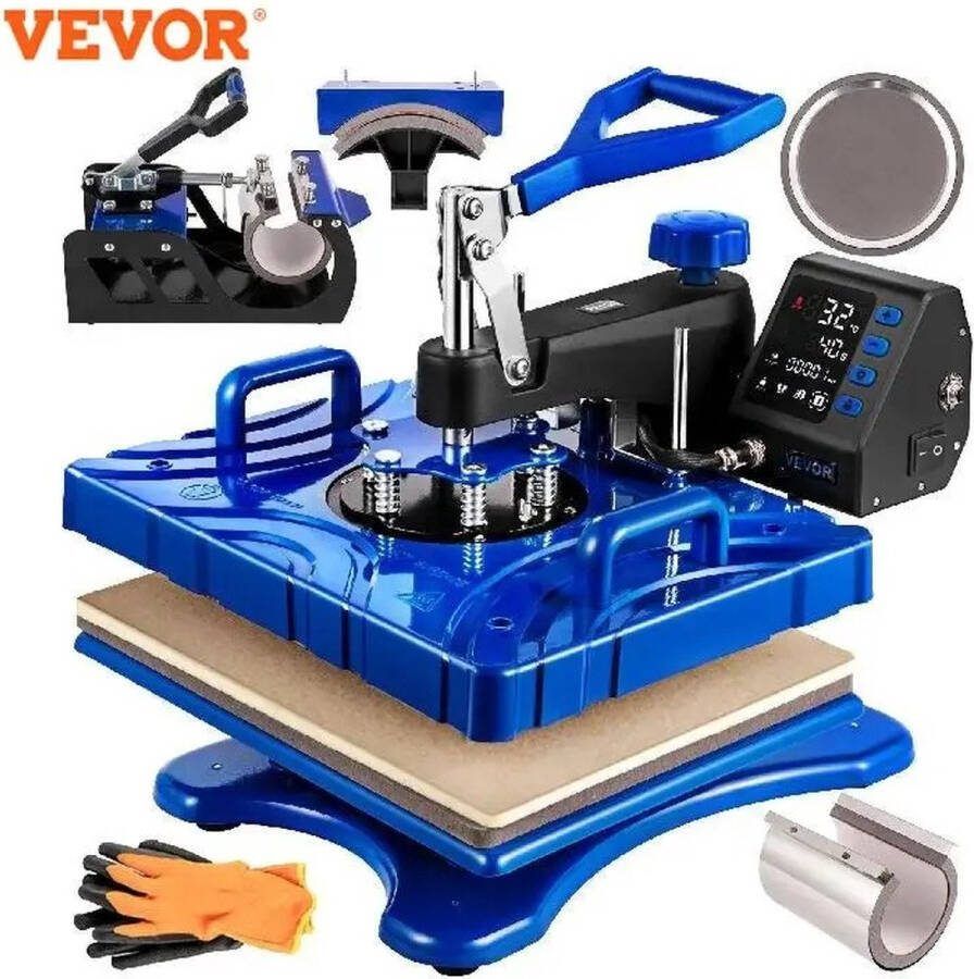 JK24 6 in 1 Transferpers Heat press voor T-Shirts hoeden mokken schoenen en meer Blauw met LED