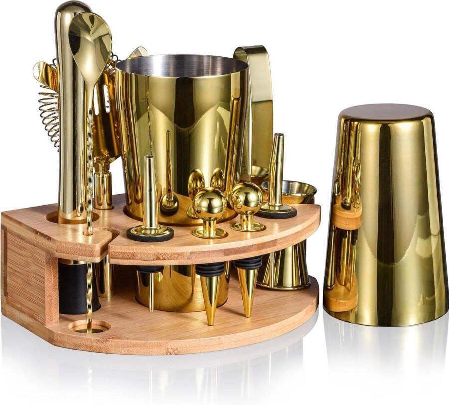 JK24 Barman Kit met bamboe standaard 12-delige Cocktail Shaker Set RVS Bar Tool Set Geschenk voor Man Papa Met Cocktail Recepten Boekje bar set