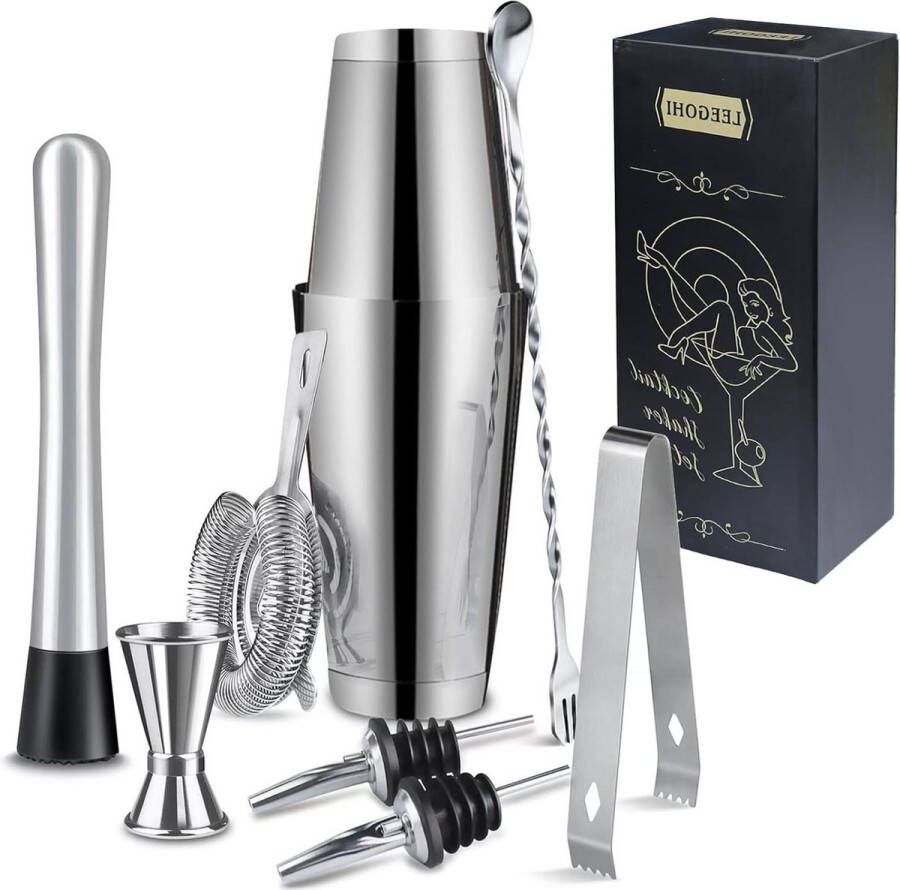 JK24 Boston Cocktail Shaker Set 700ml 600ml 304 Edelstahl Coktailmixset Cocktail Mixer 8 Teiliges Barkeeper Geschenkset Cocktail Zubehör Messbecher bar set
