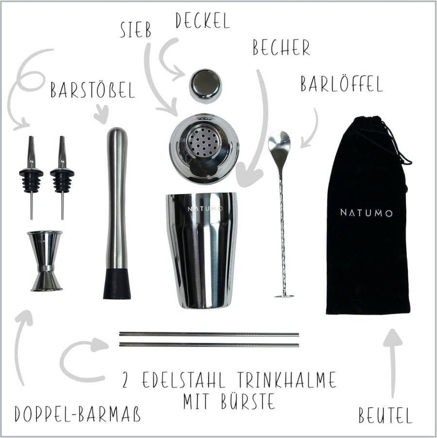 JK24 Cocktailshaker Cocktail shaker Cocktailset Cocktailshakerset Premium Cocktailshaker Set 8-delig roestvrij staal Cocktailmixer Stamper Accessoires Mocktail Shake Zeef Maatbekertje Bar Set
