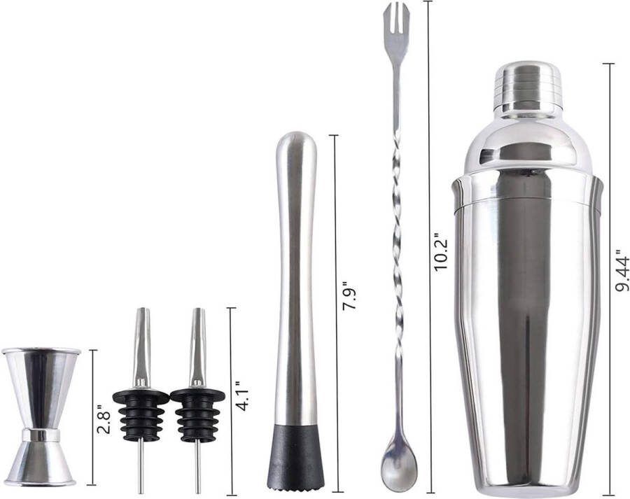 JK24 Cocktailshakerset 750 ml professionele cocktailmixer roestvrij staal 10-delige shaker set bar set