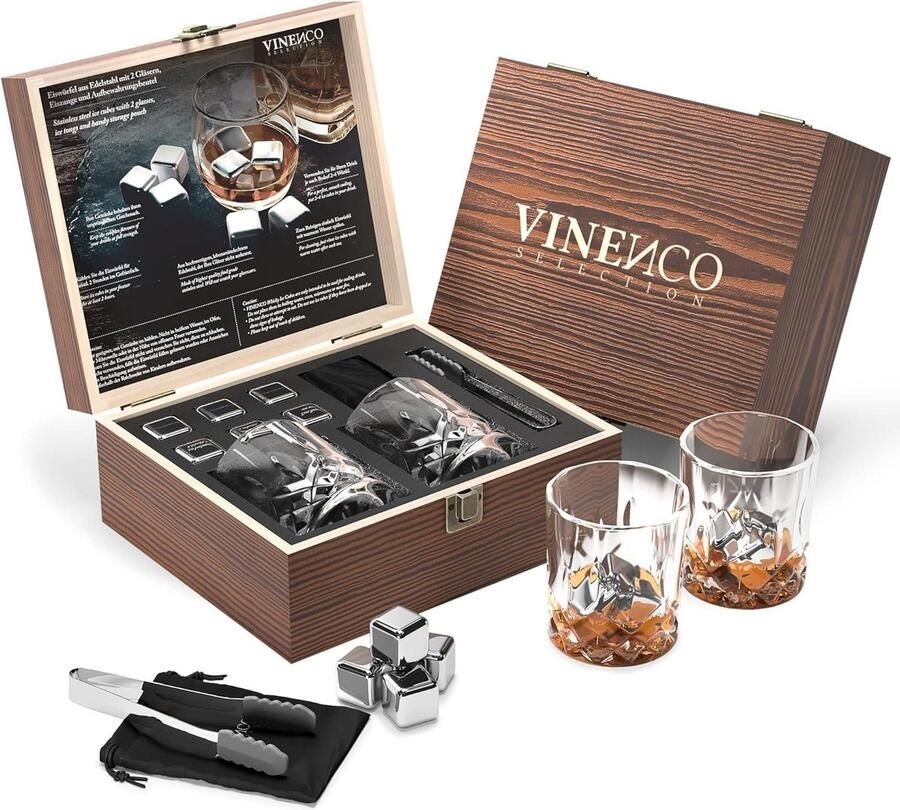 JK24 Herbruikbare Roestvrijstalen Koelstenen Set van 6 + Opbergzakje & IJstang Whisky Stones RVS Ijsblokjes voor Koude Borrel Cocktails met RVS Ijsblokken bar set