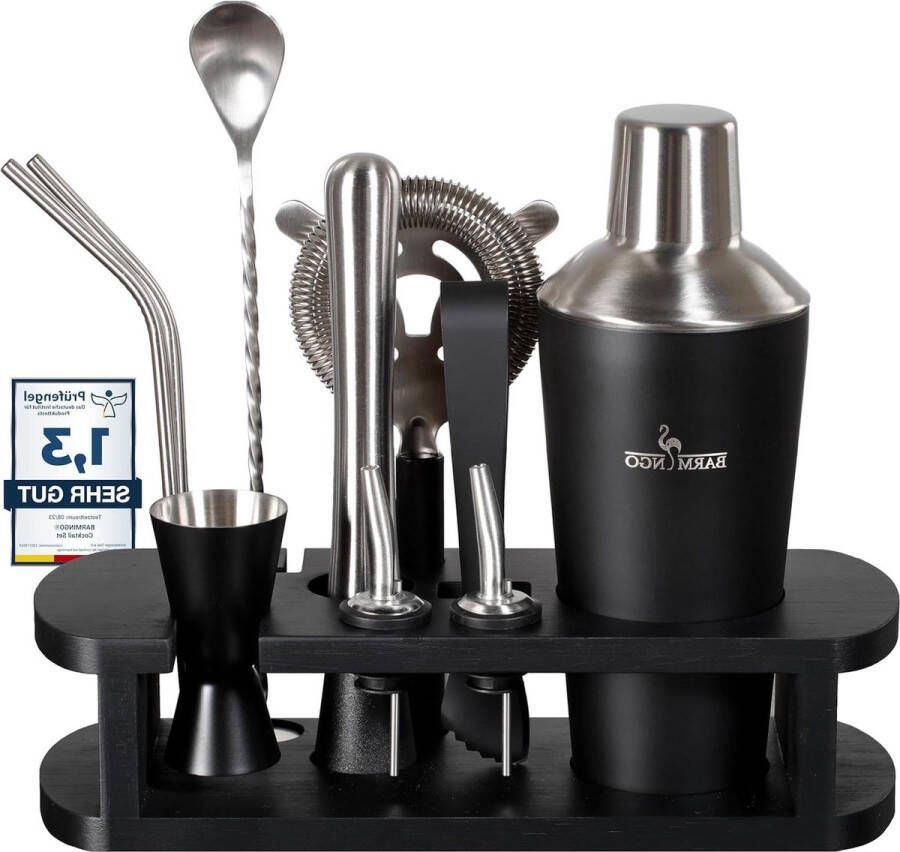 JK24 Roestvrijstalen cocktailset 11-delig 700 ml met standaard en baraccessoires zwart en zilver cadeauset cocktails. bar set