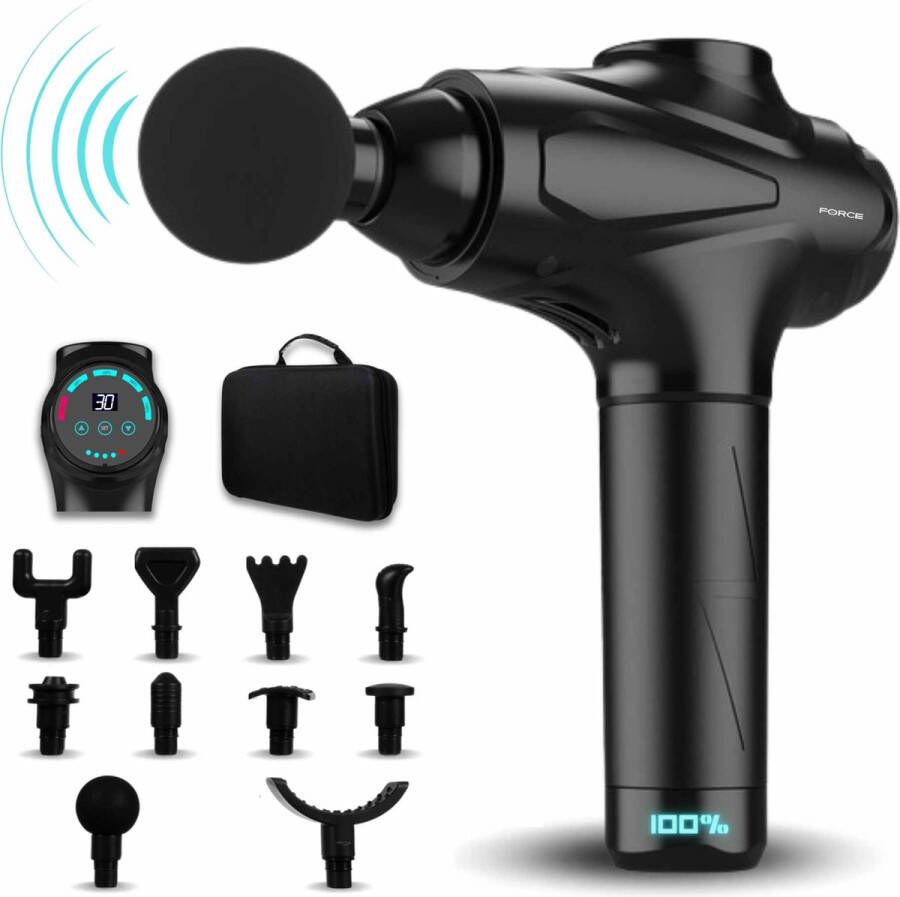 JM Force Massage Gun Professioneel en Krachtig Sport Massage Apparaat voor Nek Rug Schouder Armen Benen Fullbody 12 Opzetstukken 30 Verschillende Standen Theragun 3300 mah Draadloos – incl. Koffer Zwart