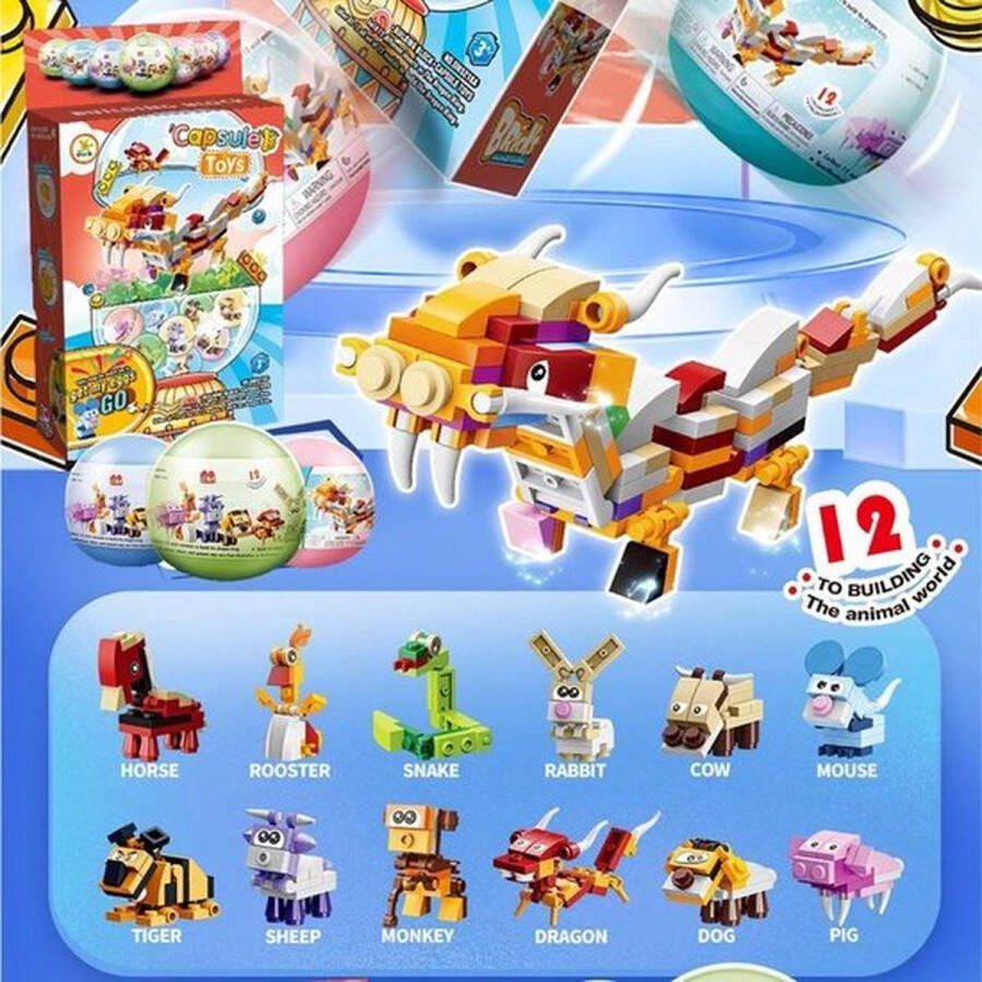 JMShops Capsule Toys Building Blocks Dieren (Set van 12) Speelgoed voor kinderen Verassing ei Bouwstenen Verjaardagscadeaus Jungle Dierentuin Speelgoed Animal Kingdom