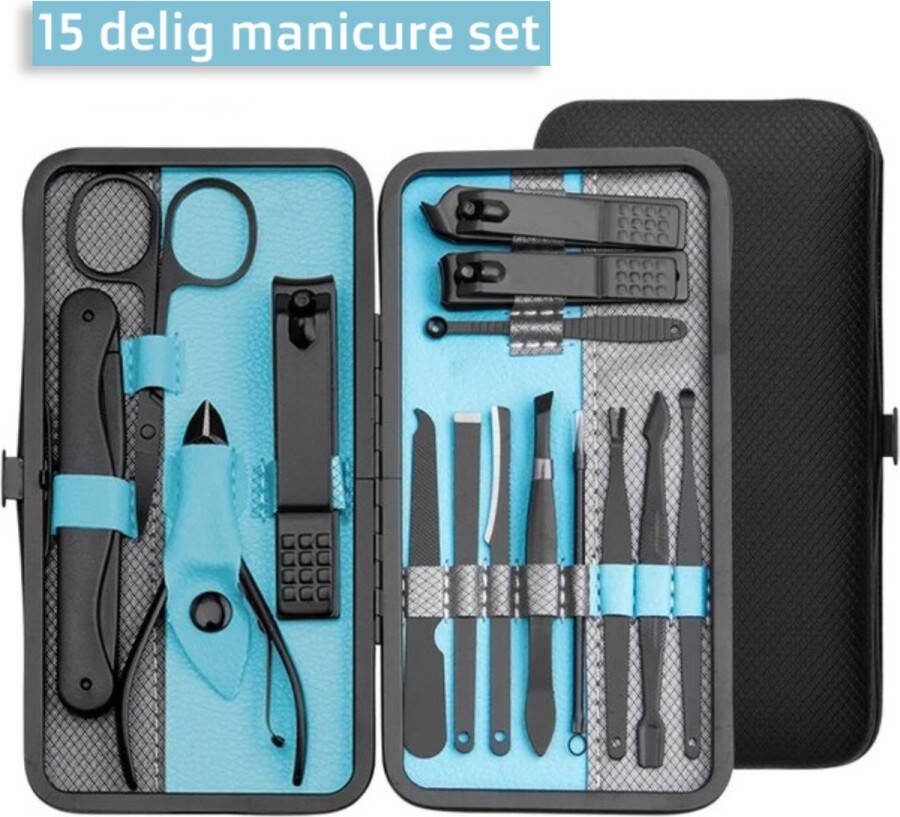 JMShops Luxe 15-delige Manicure Set met Etui Zwart Manicureset Manicure Pedicure Nagelschaartje Nagelknipper – Nagelknipper Set Verzorging Nagels