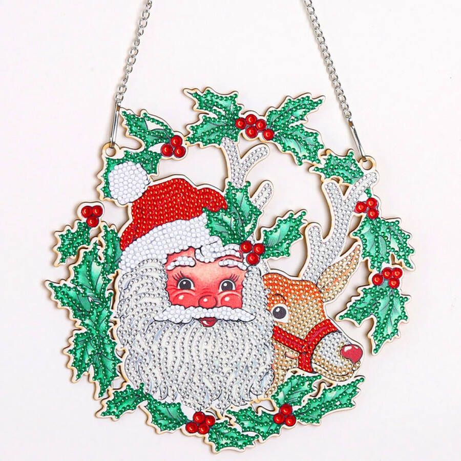 JobaStores Diamond Painting Hangend Kerst Ornament Kerstman in krans met rendier (23cm)