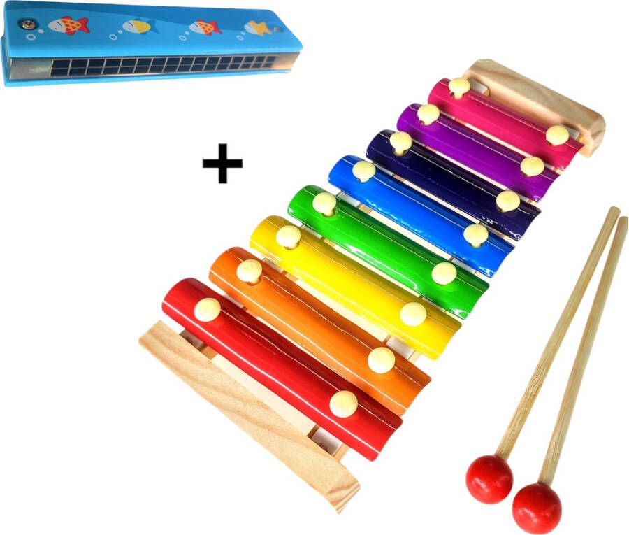 Jobber Music Muziekinstrumenten voor kinderen Xylofoon + Mondharmonica – Houten speelgoed instrument Muziek maken