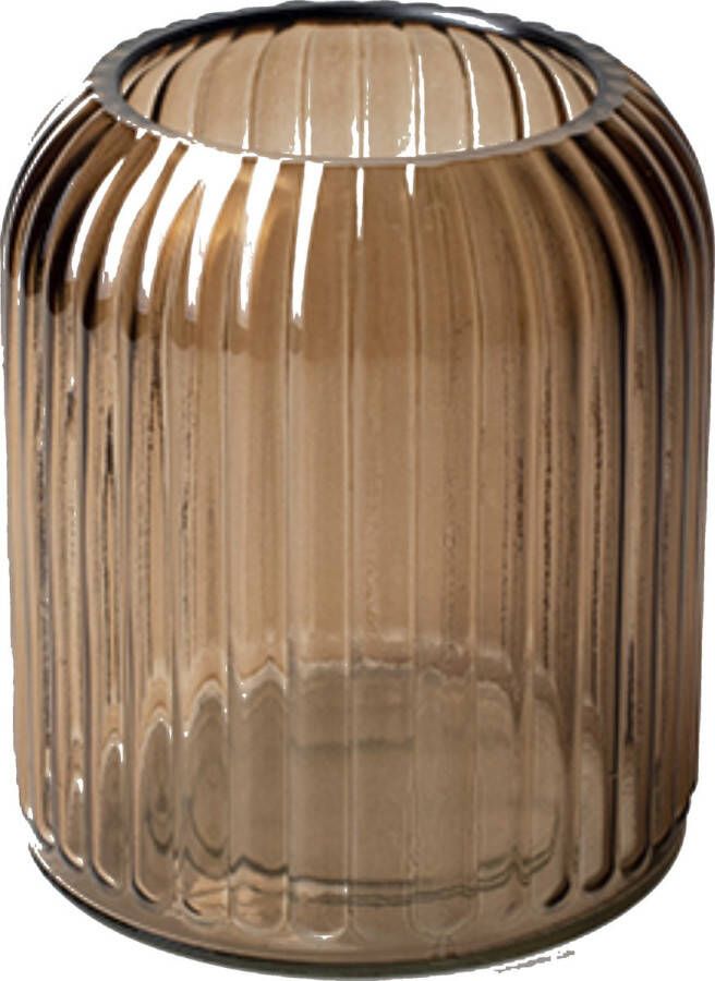 Jodeco Bloemenvaas striped lichtbruin transparant glas H13 x D11 cm