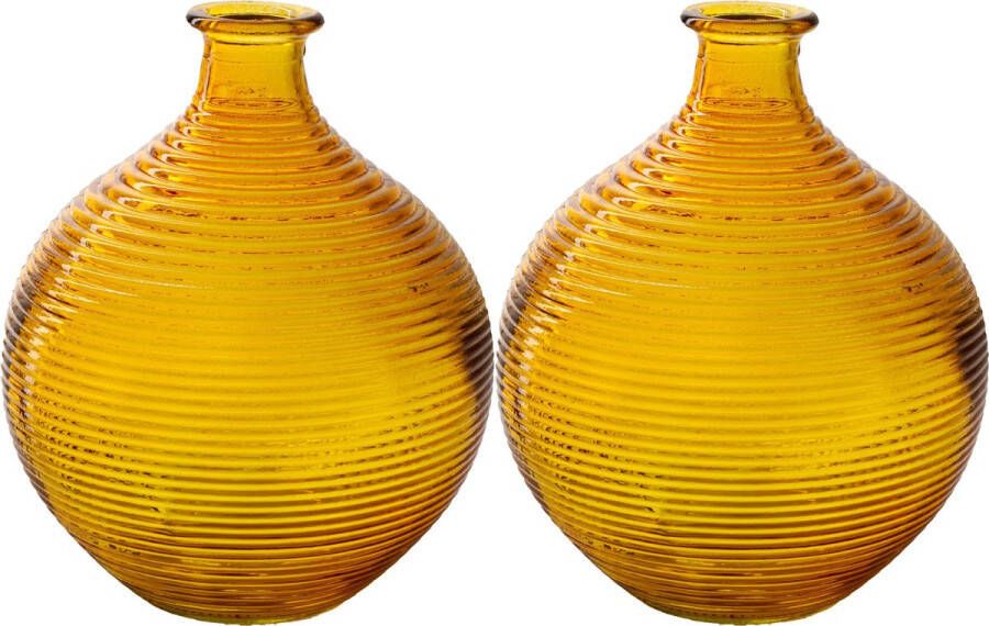 Jodeco Bloemenvaas flesvaas 2x geel bolvorm met ribbel D16 x H20 cm