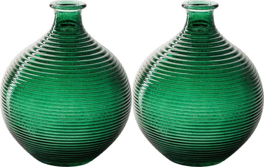 Jodeco Bloemenvaas flesvaas 2x groen bolvorm met ribbel D16 x H20 cm