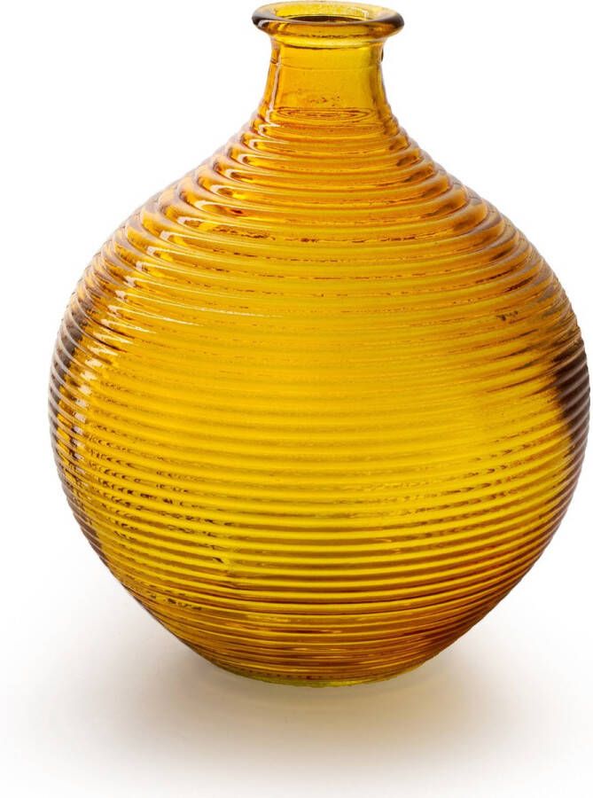 Jodeco Bloemenvaas flesvaas geel bolvorm met ribbel D16 x H20 cm