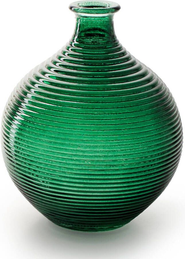 Jodeco Bloemenvaas flesvaas groen bolvorm met ribbel D16 x H20 cm